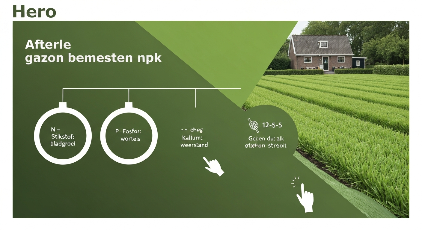 Infographic-hero: gezond gazon met iconen voor N (stikstof), P (fosfor) en K (kalium), zak mest 12-5-5 en strooier.