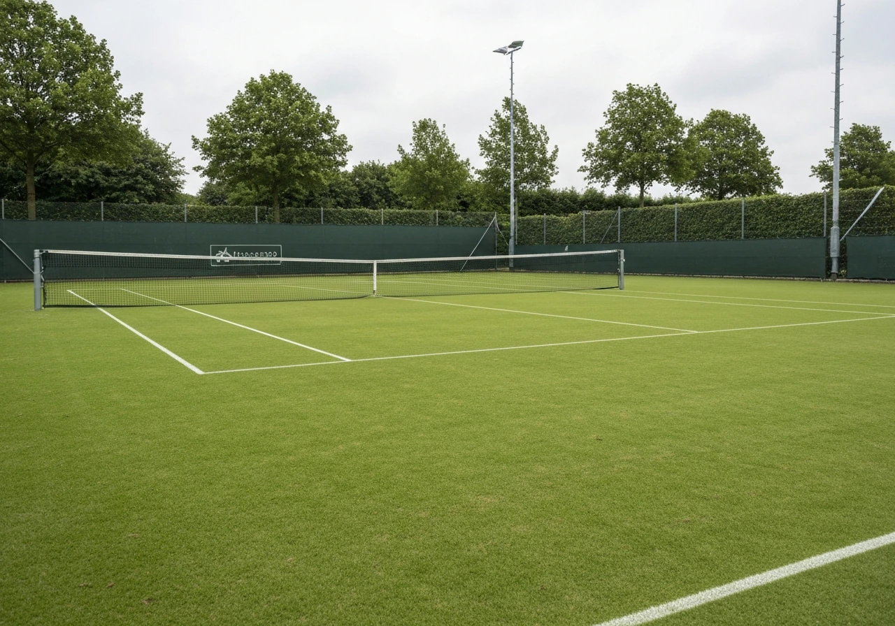 Intens bespeeld gazon-tennisveld met kale plekken en mos, zichtbaar herstel nodig.