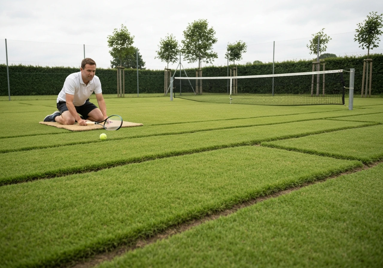 Speelklaar grasveld met tennisracket en net op de achtergrond, met focus op het vlakke grasoppervlak.