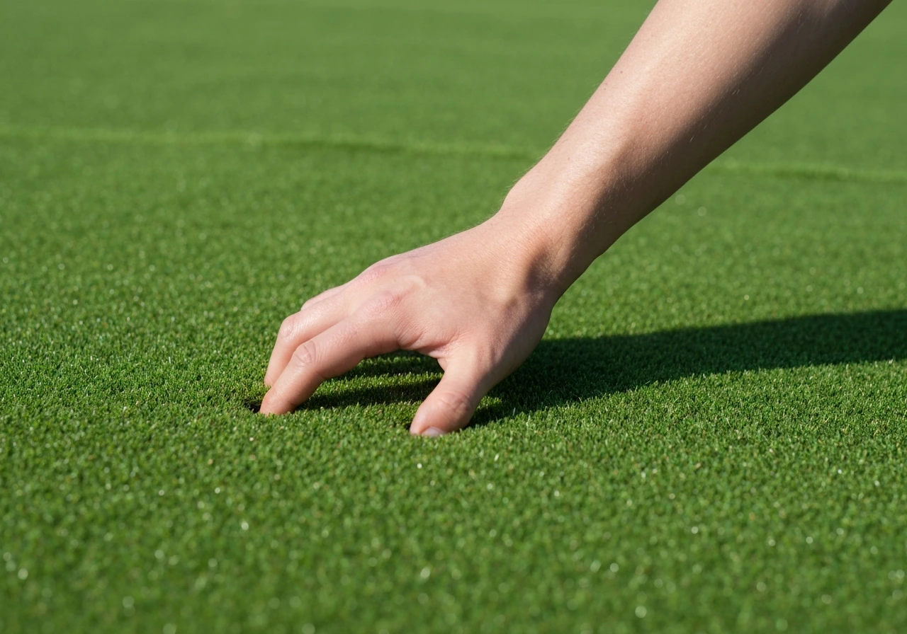 Close-up van een hand die in een gazon drukt om verdichting en betredingsstress te testen.