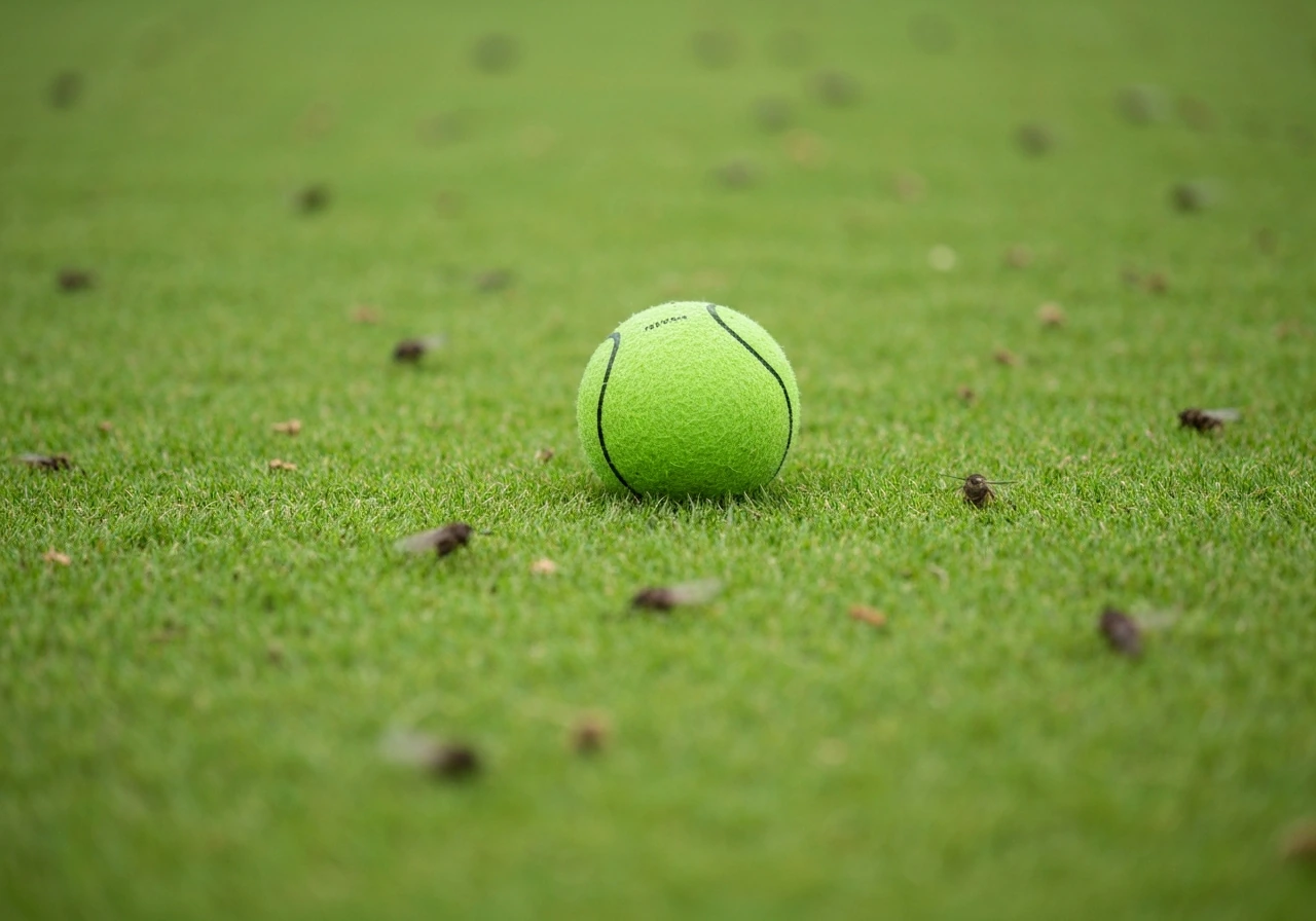 Close-up van intens bespeeld tennisgazon met kale ronde plekken en lichte graafsporen in de grond.