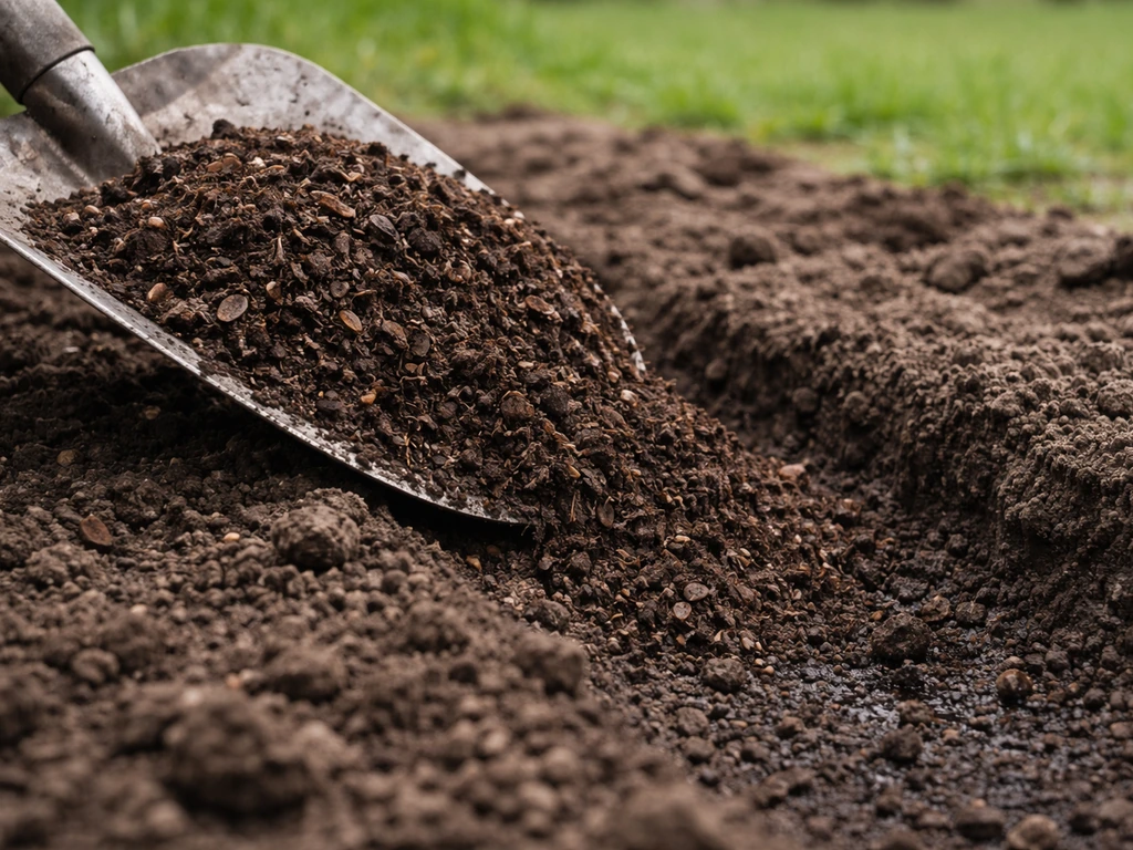 Schep compost in donkere aarde, met focus op bodemstructuur en vochtige textuur.