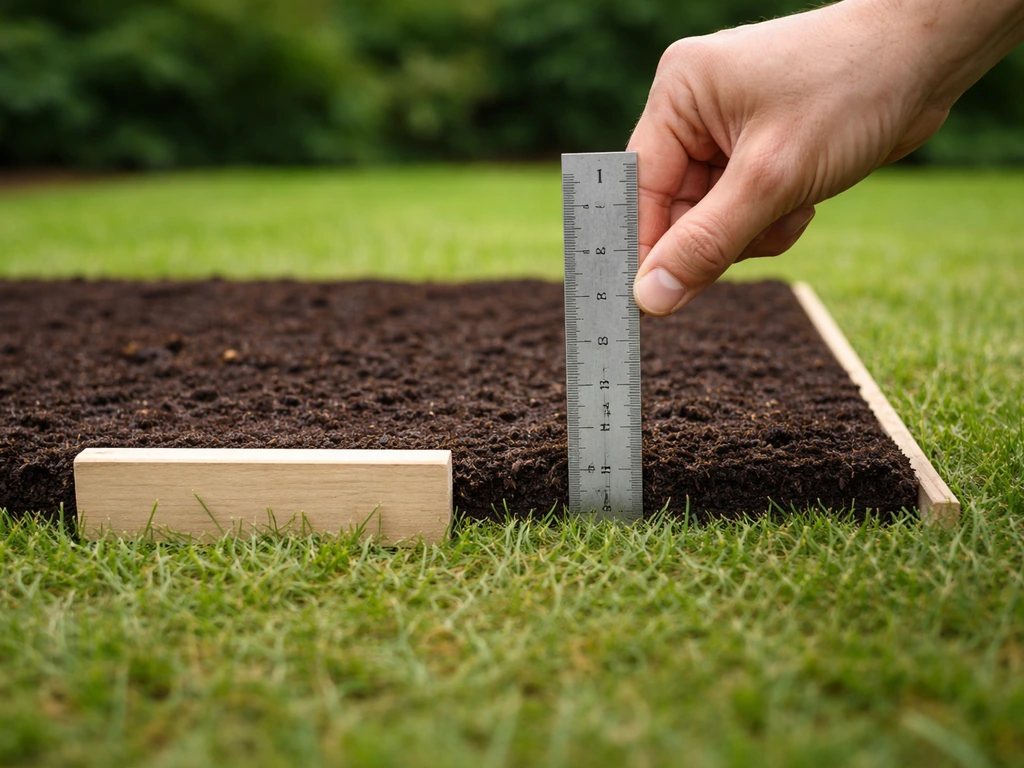 Iemand schept compost op een gazonproefstrook en meet een laag van 1 cm met een liniaal