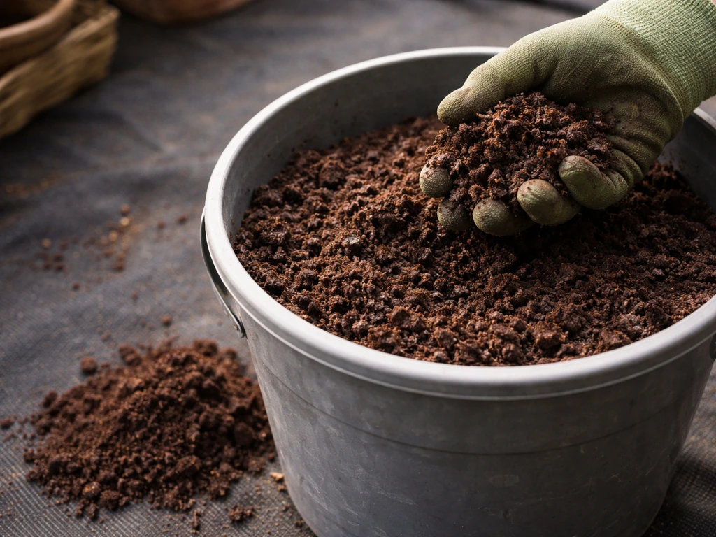 Donkerbruine, kruimelige rijpe compost in een emmer, met hand die een klompje losbreekt.