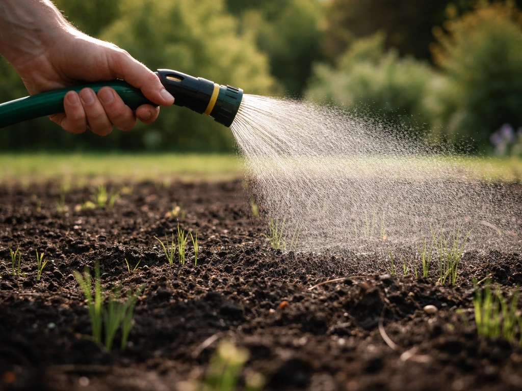 Lichte beregening op een tuinperceel met net uitgereden compost en gras net boven de compostlaag.