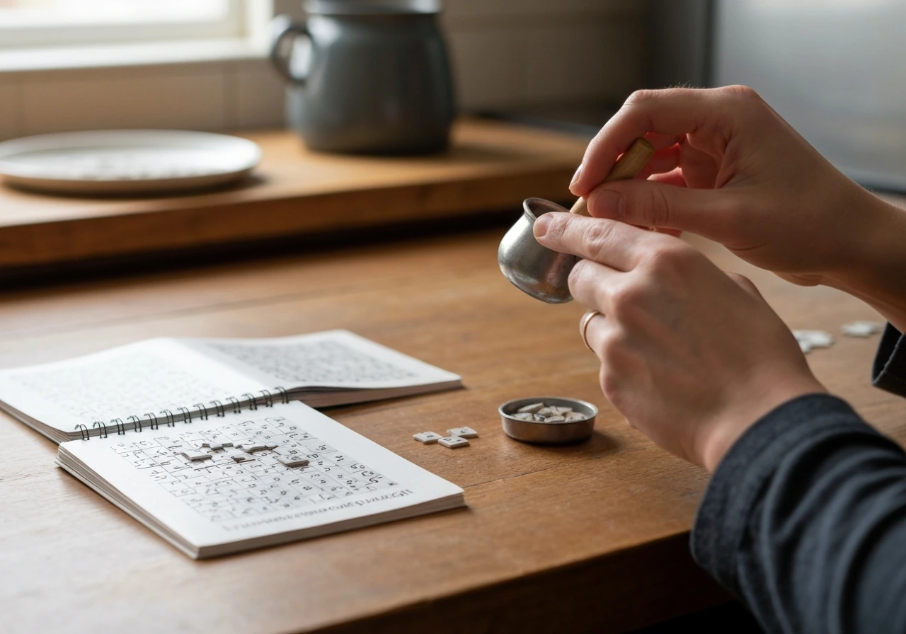 Hand met potlood bij kruiswoordpuzzel met lege vakjes, puzzelpapier en schaaltje potlooden op tafel