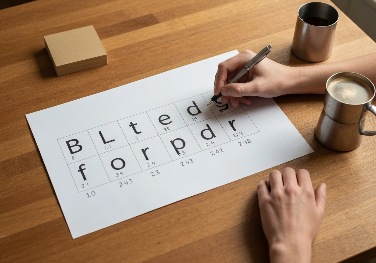 Close-up van handen die een 8-letterig puzzelwoord tellen en markeren met een pen op papier.