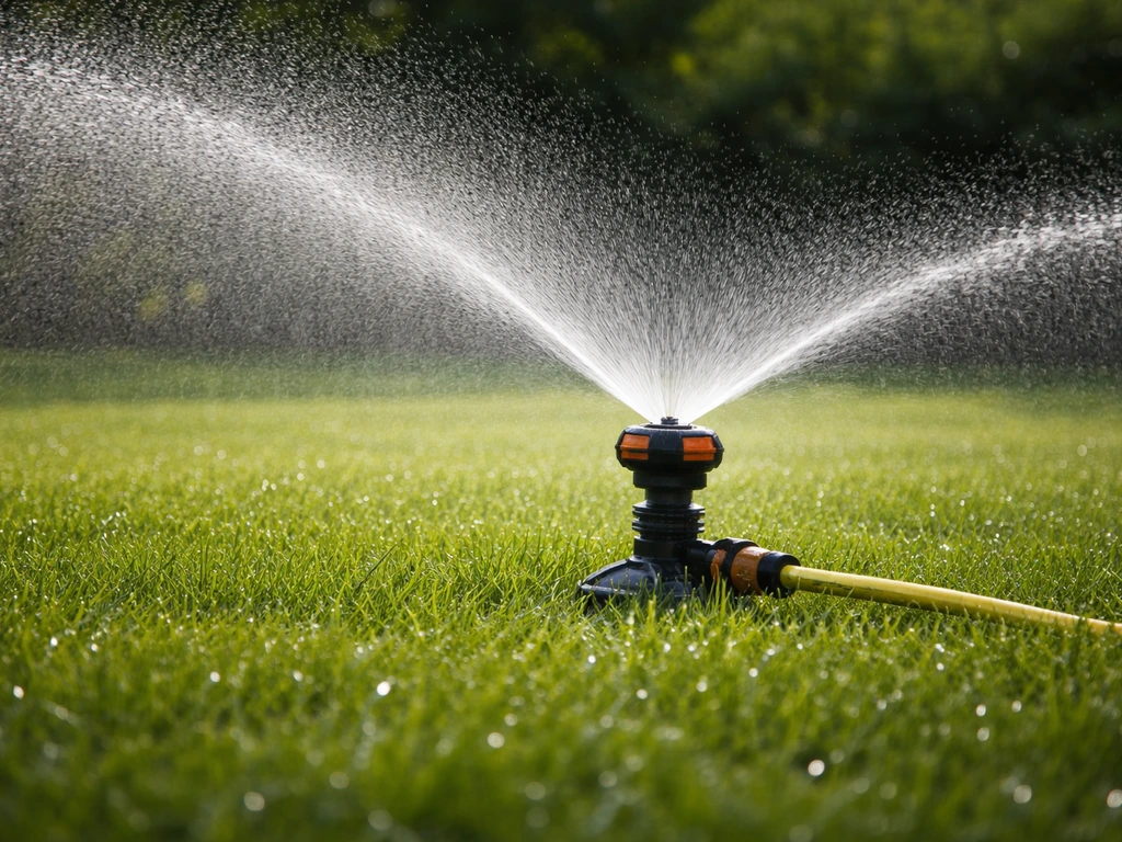 Tuinsproeier besproeit een gazon na bemesting, waterdruppels zichtbaar op het gras.