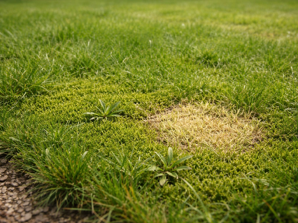 Close-up van een Nederlands gazon met mosplekken, onkruidscheuten en een geelachtige plek in het gras