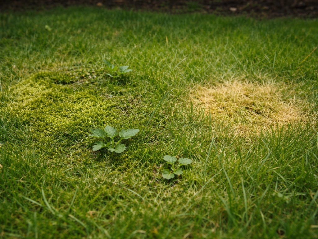 Close-up van een gazon met mosvlekken, onkruid en een verdachte gele plek in een tuinrand.