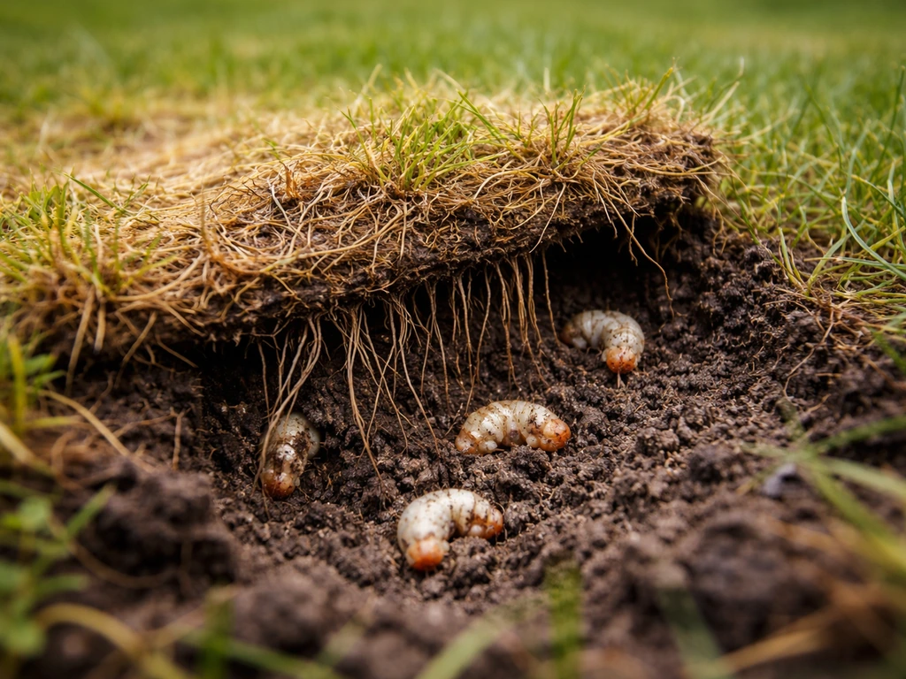 Geelbruin gazon met oplichtbare zode en zichtbare wortels, met engerlingen in de grond.