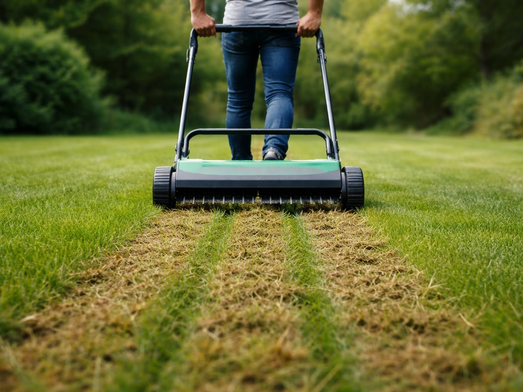 Man belucht en verticuteert een gazon met een verticuteerwagen; rijen snedes en gras zichtbaar.