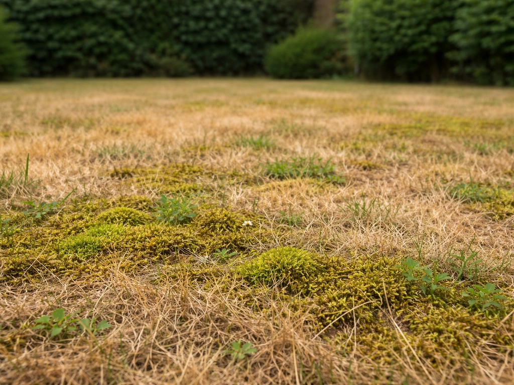 Verzwakt geel gazon met zichtbaar mos en onkruid, bij een tuinrand in natuurlijk daglicht