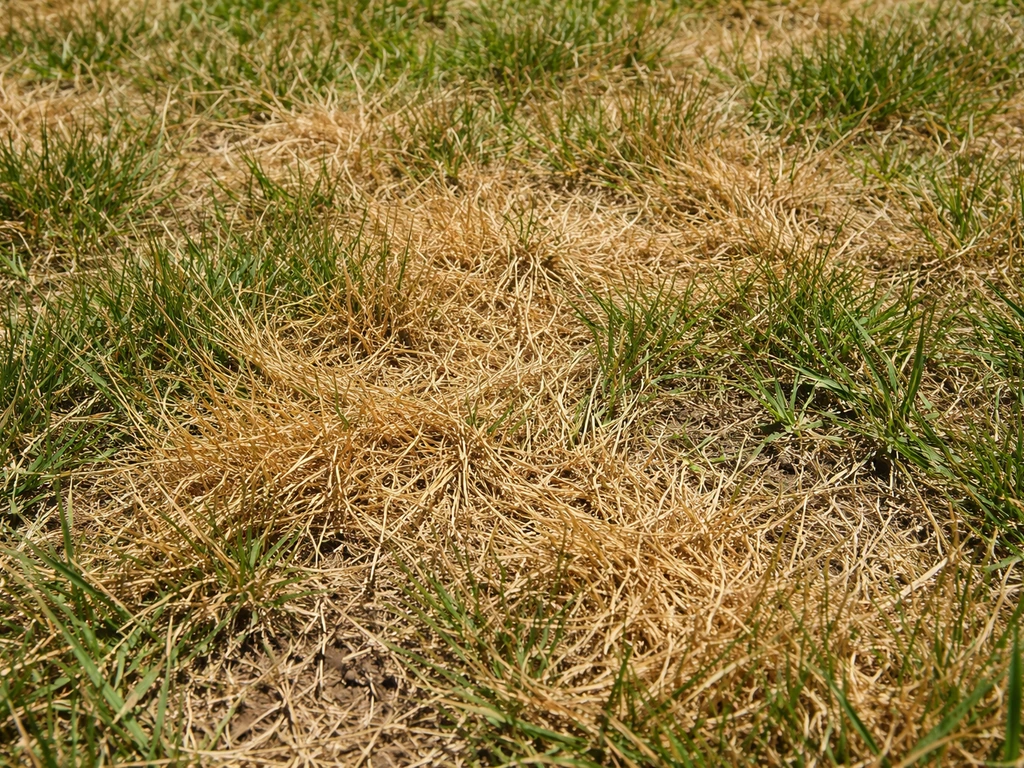 Close-up van een gazon met geel/strogeel droog gras en nog wat groene sprieten ertussen