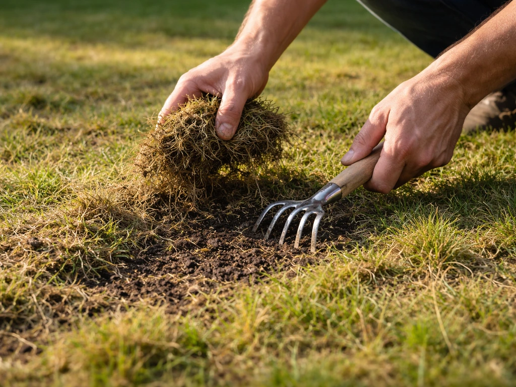 Hand schept gras- en rietresten weg van een gazon voor luchtteren en opschonen
