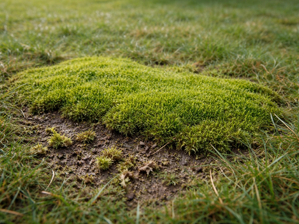 Mosplek in een gazon met mosrand; gras eromheen, waterige schaduw en vochtige grond na verwijderen