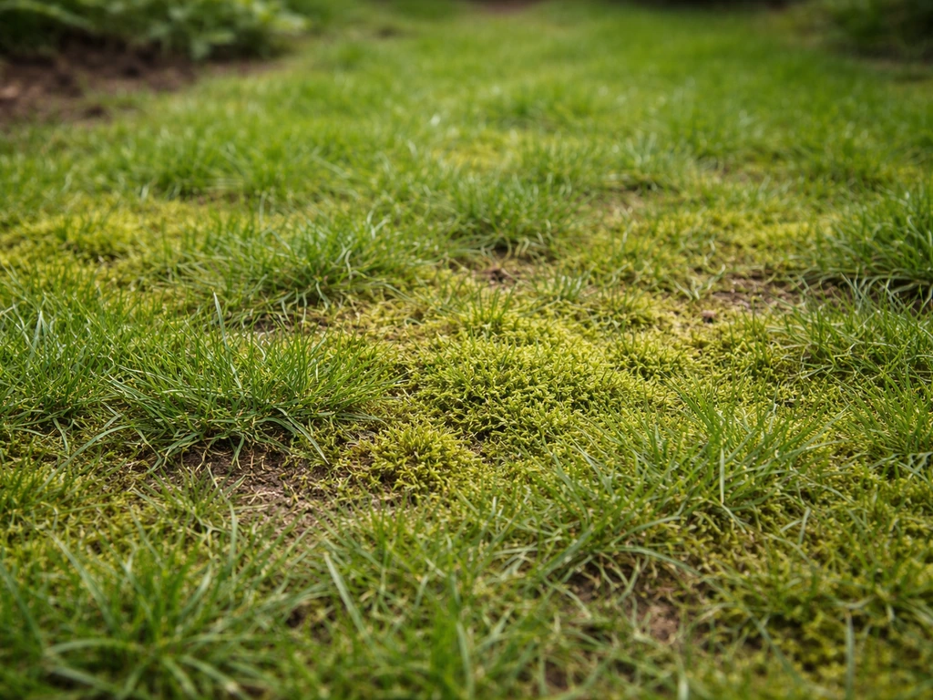 Close-up van luchtige gazonplek met mos tussen gras en zichtbare ongelijkmatige dichtheid in de bodem