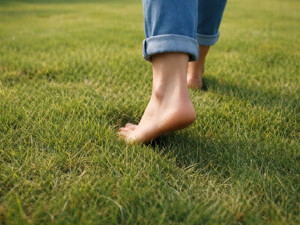 Iemand loopt licht over het gazon en checkt met een voetafdruk of het gras veerkrachtig terugveren.