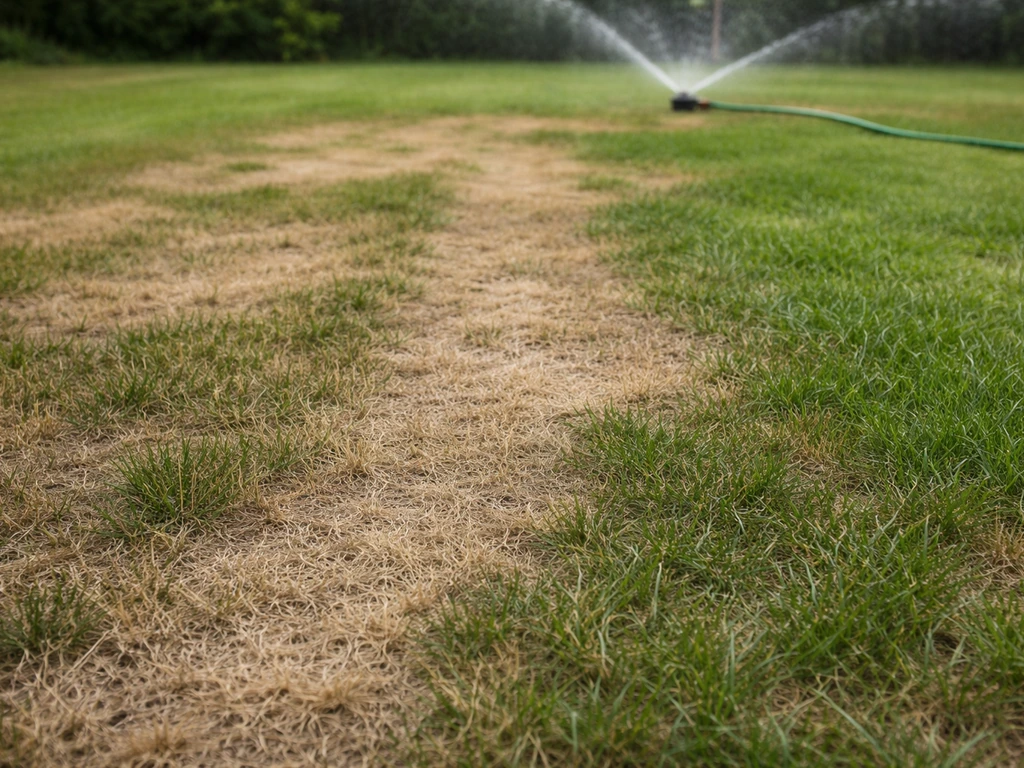 Close-up van droog gazon met bruine vlekken en nog groen gras naast ongelijk beregende plekken.