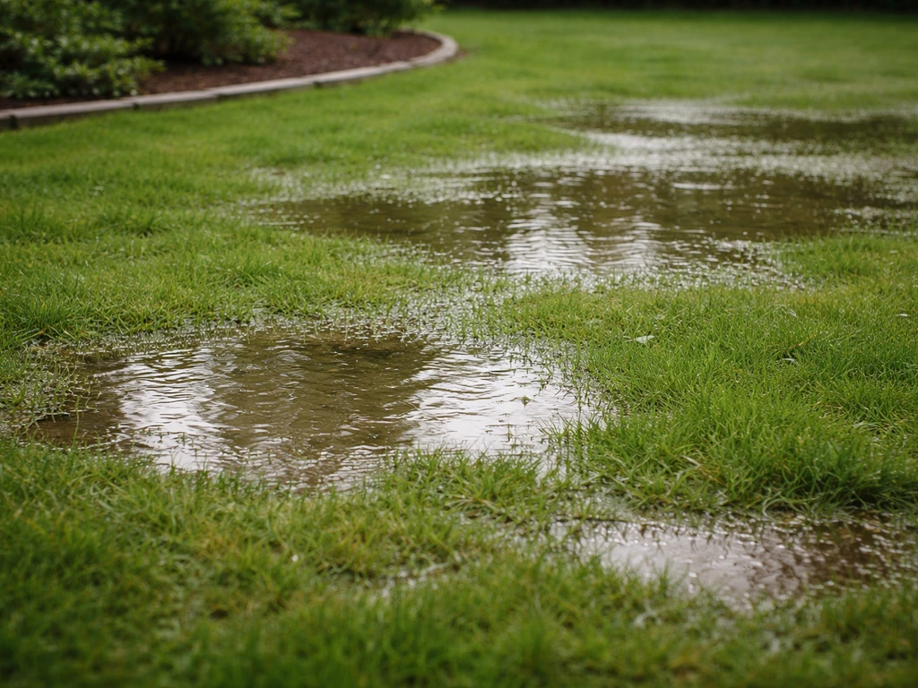 Nat gazon met plassen die na regen blijven staan, waardoor water langzaam in de bodem trekt.