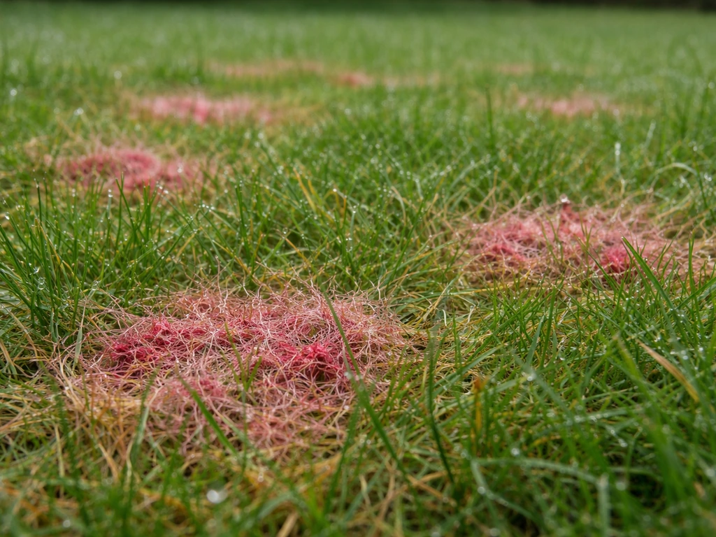Roze-roodachtige schimmelplekken in een koel, vochtig gazon, close-up van gazon met waas en onregelmatige plekken.