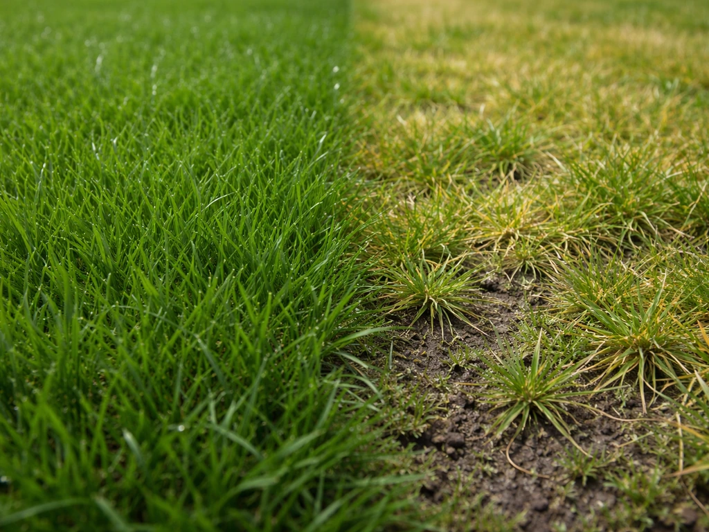 Close-up van twee stukken gazongras: gezond diep groen tegenover bleek en ongelijk gras, duidelijk verschil in textuur.