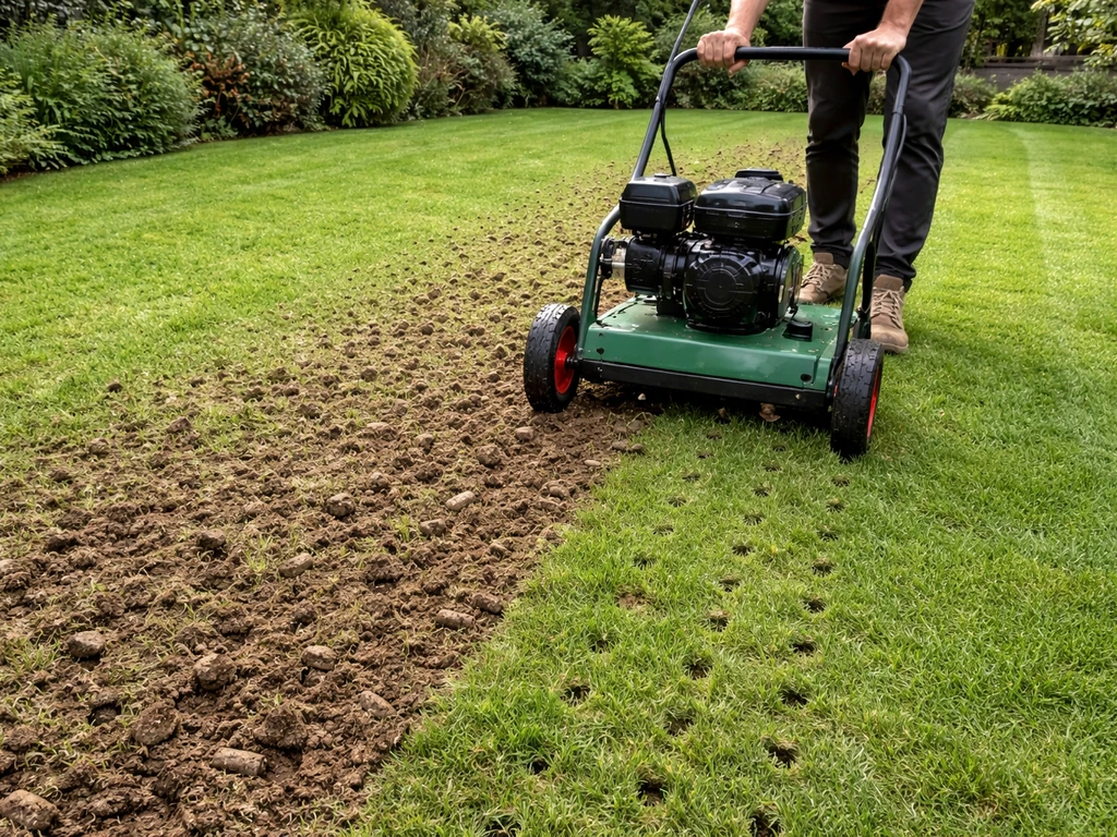 Beluchtingsmachine op gazon met uitgenomen pluggen en duidelijk verschil tussen twee stroken gras.