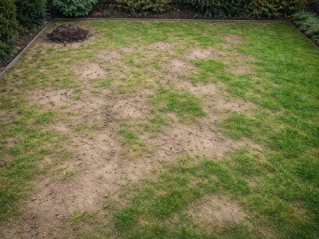 Bovenaanzicht van een Nederlands gazon met kale plekken en ongelijk groeiende grassprieten.