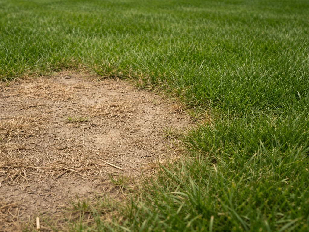 Close-up van kale en verdroogde plekken in een gazon, contrasterend met gezond groen gras.