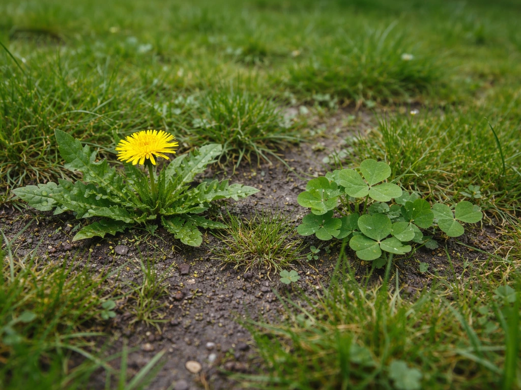 Paardenbloemen en klaver in een gazon met dunne plekken waar het gras minder dicht is.