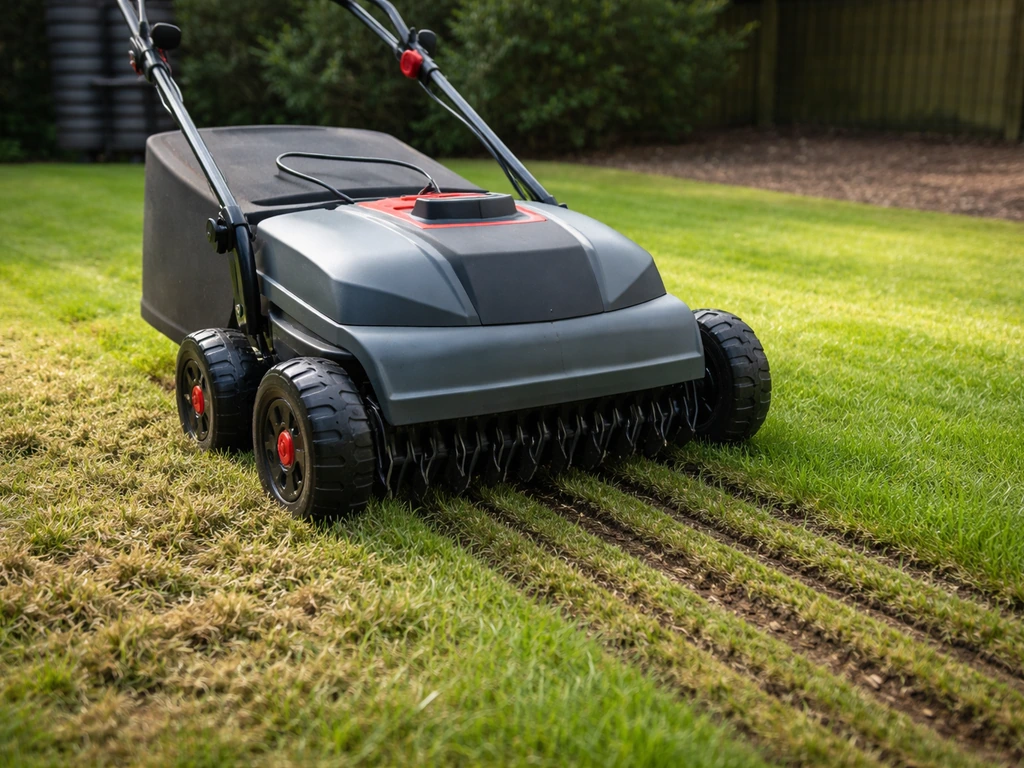 Een verticuteer- of beluchtingsmachine maakt verticale sneden in een groene grasmat in de tuin.