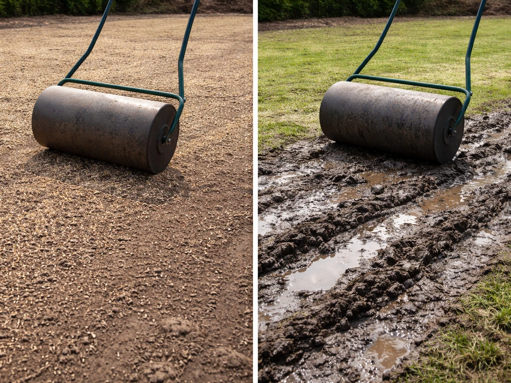 Links droog ingezaaid gazon met rol, rechts natte zompige bodem met sporen waar rollen onwenselijk is.