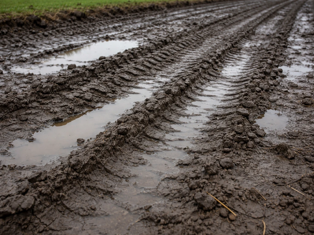 Natte kleigrond met waterplassen en rijsporen van een grasrol, die laten zien waarom aanrollen slecht is.