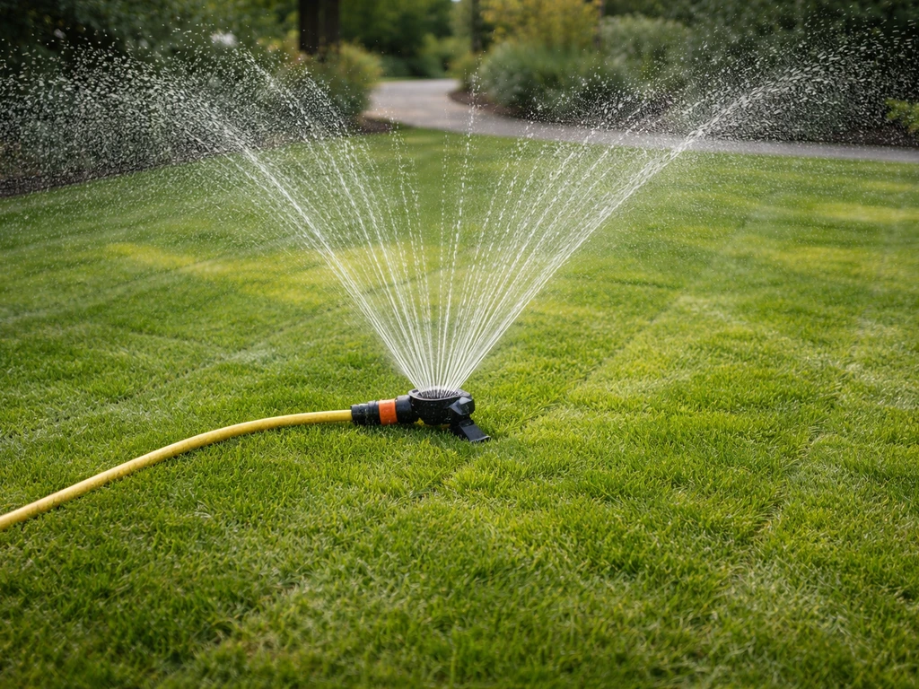 Sproeier geeft gelijkmatig water op een vers gerold gazon met subtiele rolstrepen.
