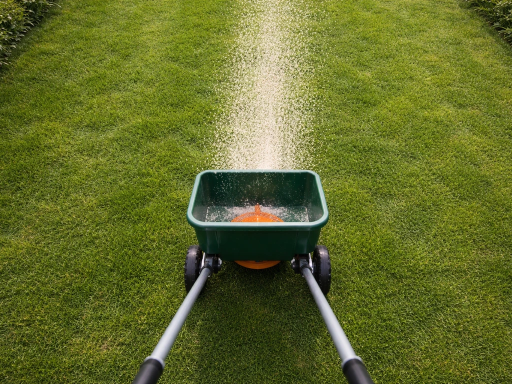 Bovenaanzicht van een groen gazon met een handstrooier die gelijkmatig over het gras loopt in mei-licht.