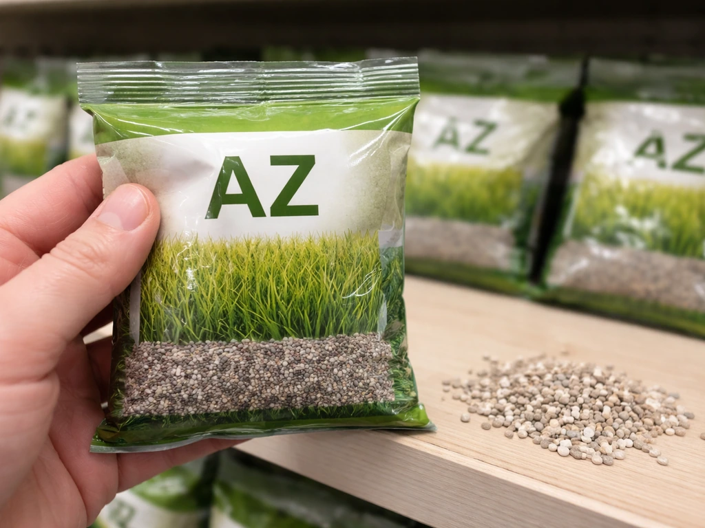 Close-up van gazonmeststof met “AZ” op het etiket en wat mestkorrels op de winkelvloer/schap.