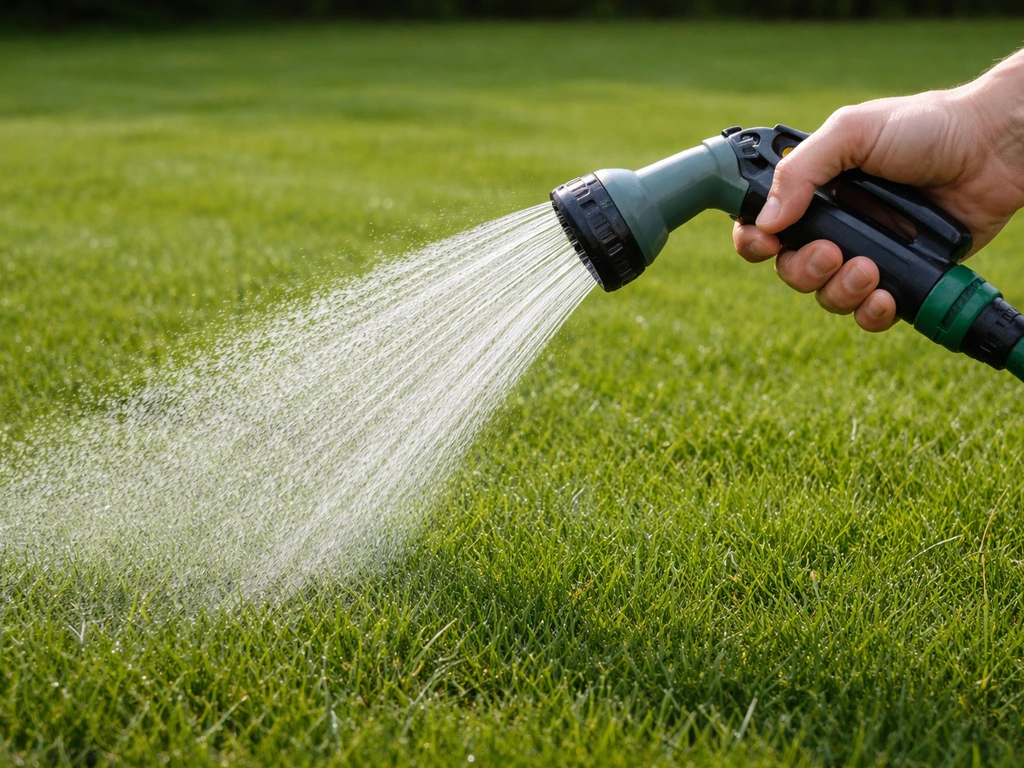Gerichte besproeiing van een gazon met licht zichtbare waterdruppels na het strooien.