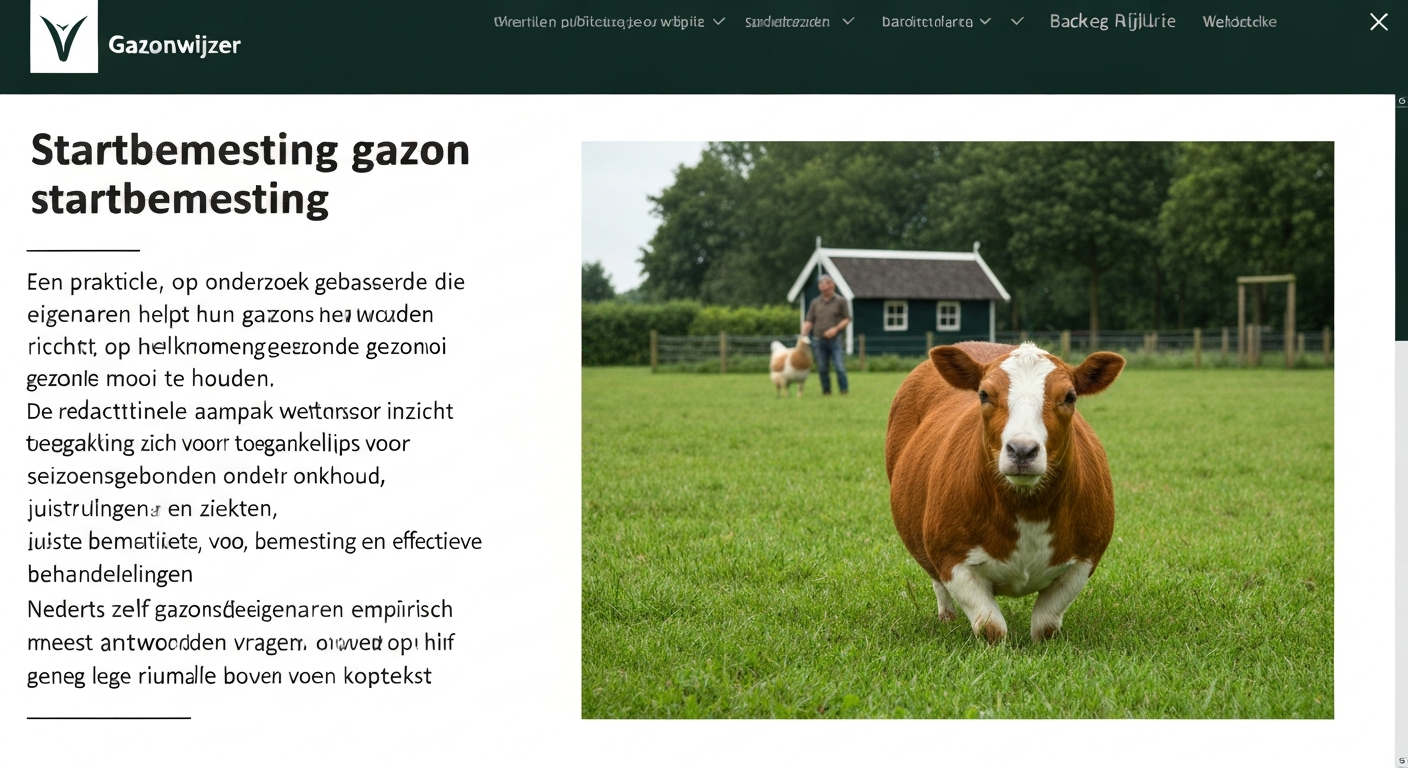 Lentegazon in Nederlandse achtertuin met zichtbare mestkorrels en tuinman met strooier op de achtergrond.
