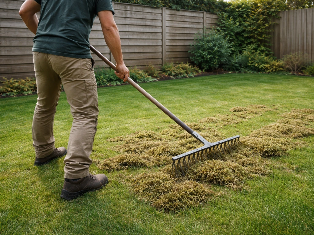 Werker kamt een gazon met verticuteerhark; mos- en viltresten liggen zichtbaar op de grond in de achtertuin.