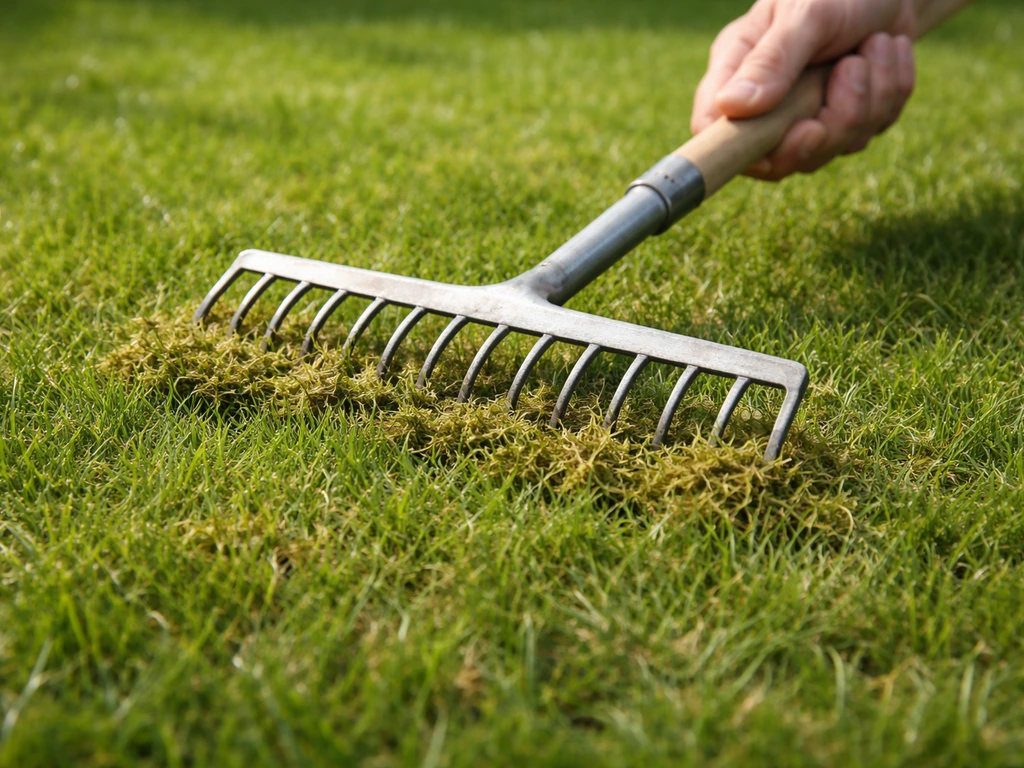 Close-up van een handgazonhark die alleen de vilt- en moslaag raakt, met zachte grasstructuur op een vlak gazon.