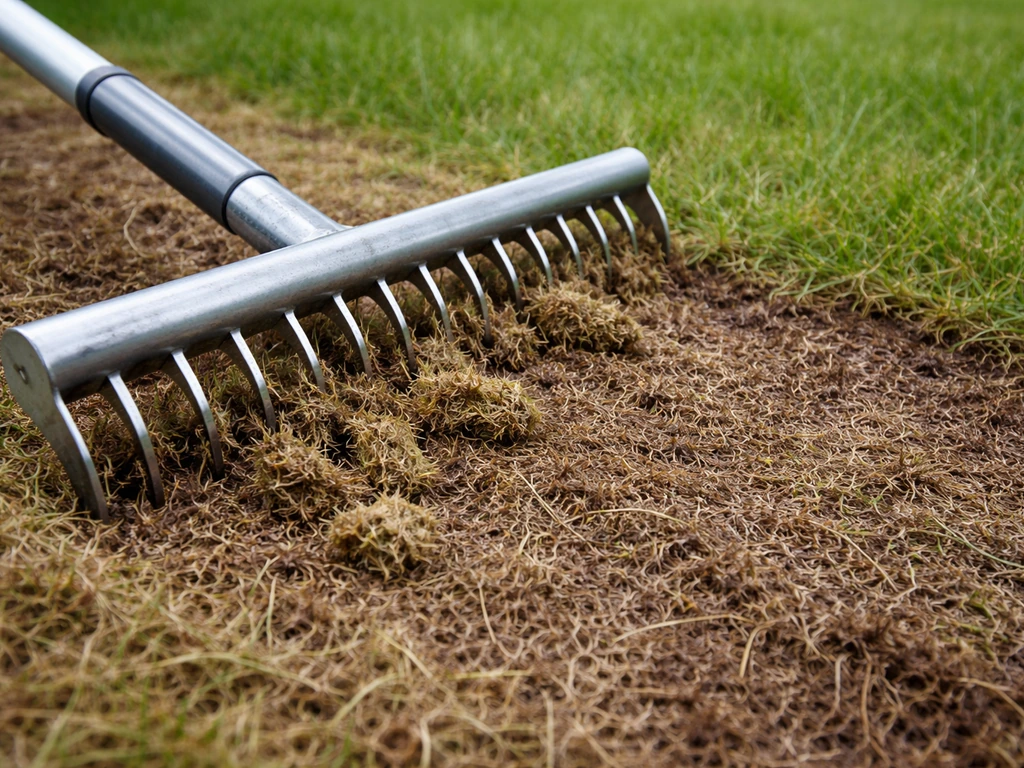 Een gazonkameer die in droog gras met lichte druk over de viltlaag gaat; mos komt zichtbaar los.