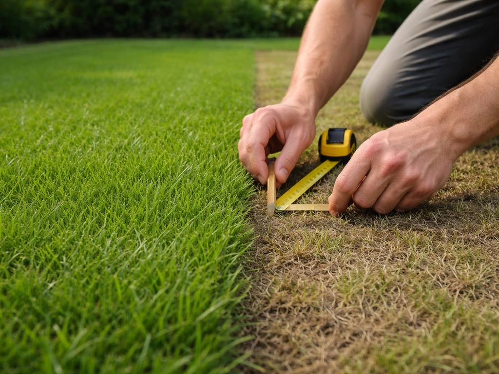 Close-up van iemand die met meetlint en stokje de scherpe overgang tussen gezond en stilgroeiend gras afbakent.
