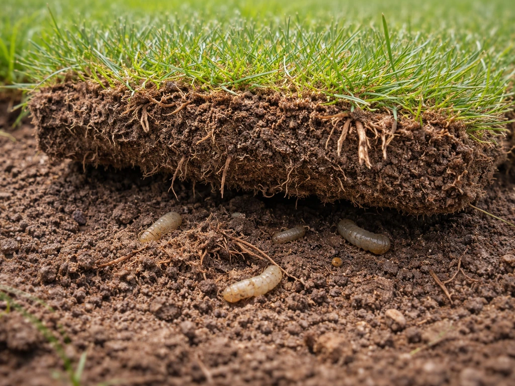 Opgetilde graszode met zichtbare wortelschade en wormachtige bodemfauna in de ondergrond.