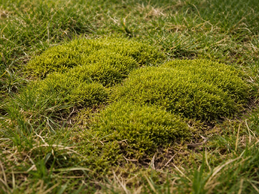 Close-up van mos op het gazon: sponsachtige groene laag die los lijkt te komen.