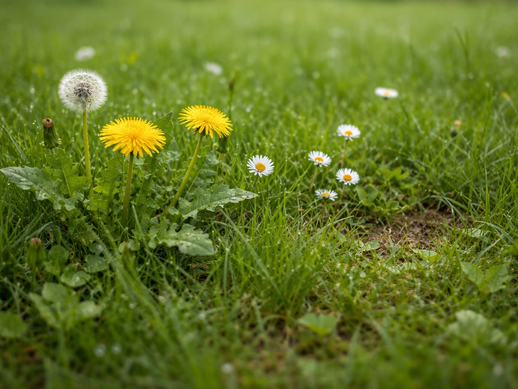 Close-up van een gazon met paardenbloem en madeliefjes tussen minder dicht gras.