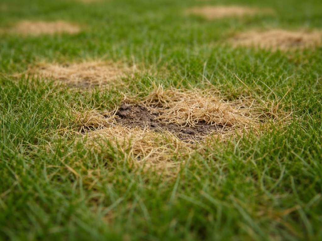 Close-up van geelbruine en bruine ronde plekken in het gazon, veroorzaakt door bladvlekken/bladziekte
