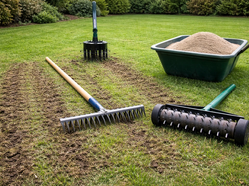Verticuteerhark, beluchtingsapparaat en topdressingzand op een net behandeld gazon, zonder mensen.