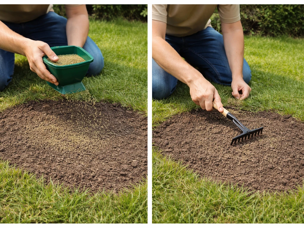 Iemand strooit graszaad met een handstrooier op een klaargemaakte kale plek in de tuin