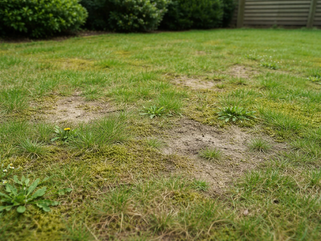 Close-up van een Nederlands gazon met kale plekken en mos, met focus op de herstelbare schade.