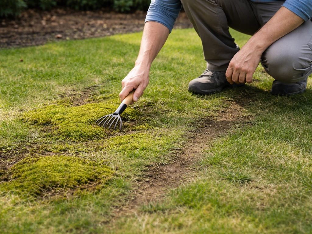 Close-up van een gazon met mosplekken en verdichte plekken in de tuin, klaar voor inspectie.